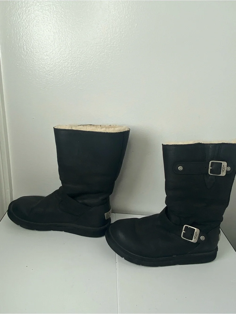 UGG Kensinton Women's Black Leather Moto Shearling-Lined Biker Boots